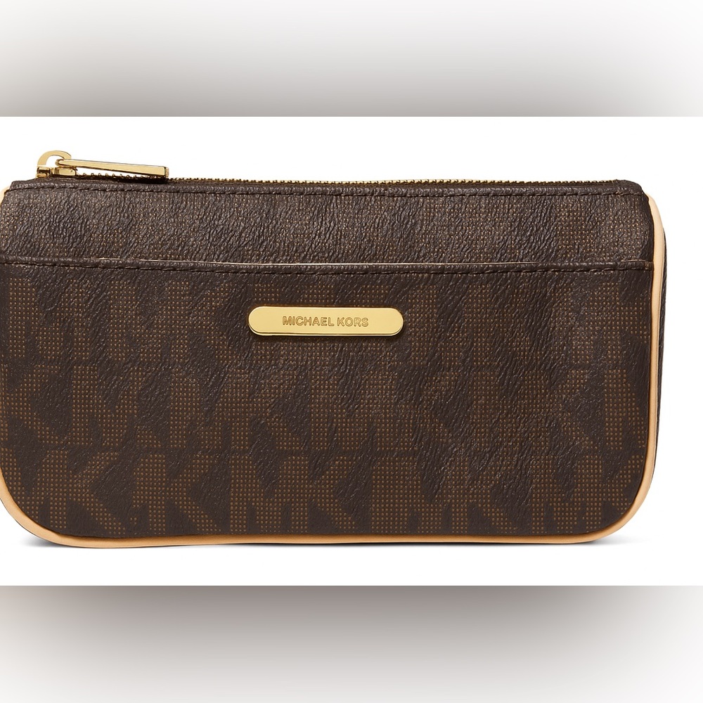 NWOT Michael Kors Dark Brown Makeup Cosmetics Pouch Vintage with Gold Accent